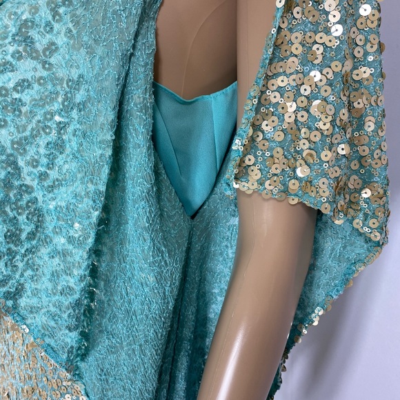 Badgley Mischka Aqua & Gold Sequin Occasion Dress - Picture 3 of 8